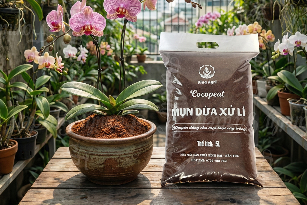 Mụn dừa dùng để phủ lên bề mặt chậu lan